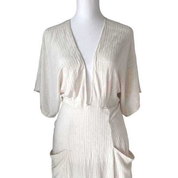 Reformation Midi Dress Linen Blend Plunge V-Neck Texture Knit Ivory XS Stretchy - Picture 5 of 12